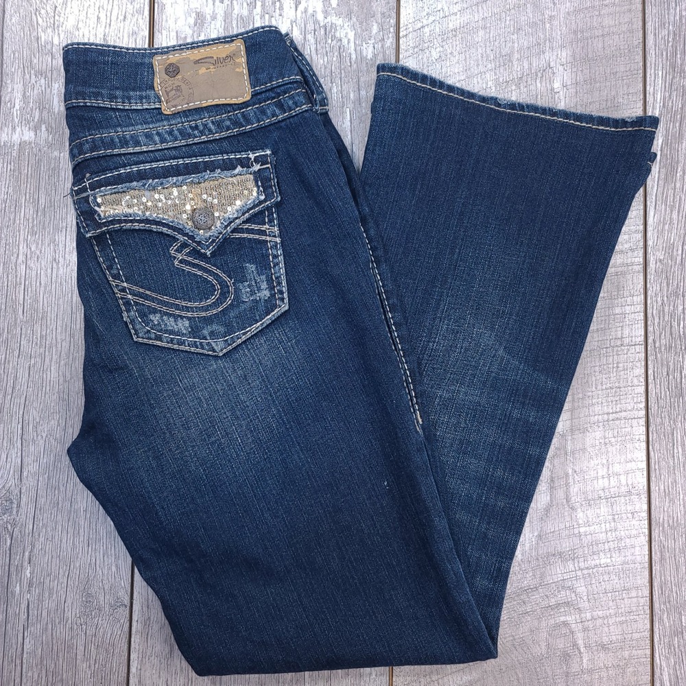 Silver Jeans Suki Surplus Women 28x29 Blue Distressed Sequin Flap Bootcut Jeans